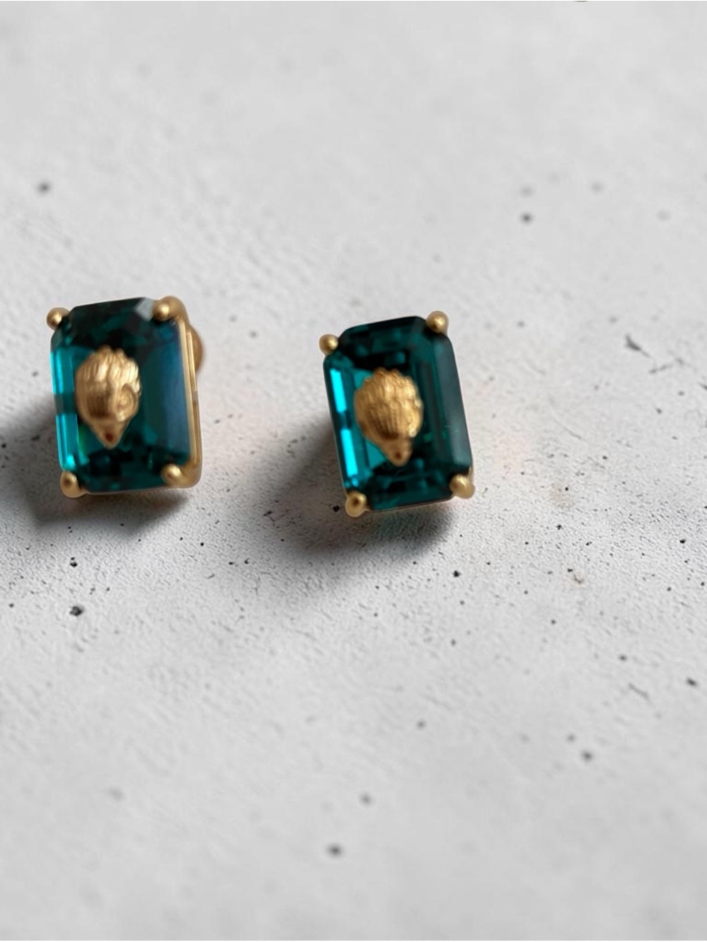 Kurt Geiger Teal Rectangular Crystal Stud Earrings with Gold Detail